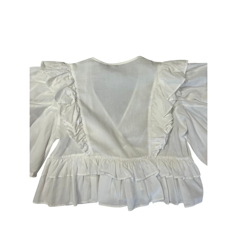 RHODE Ruffle Puff Sleeve Deep V Crop Blouse SIZE XS White Cotton Shirt - Picture 2 of 11